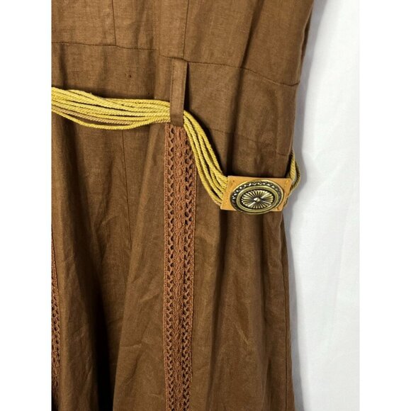 Sunny Leigh Vintage Hi-Low 100% Linen Western‎ Style Midi Dress Brown Belted 10 - Picture 10 of 10